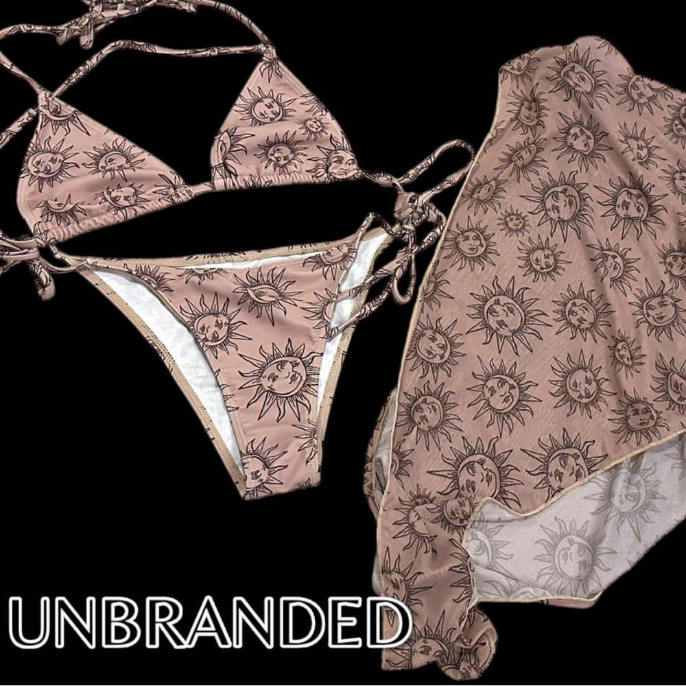 EUC UNBRANDED Sun Design Bikini Set With Matching Sarong. Size Medium ☀️